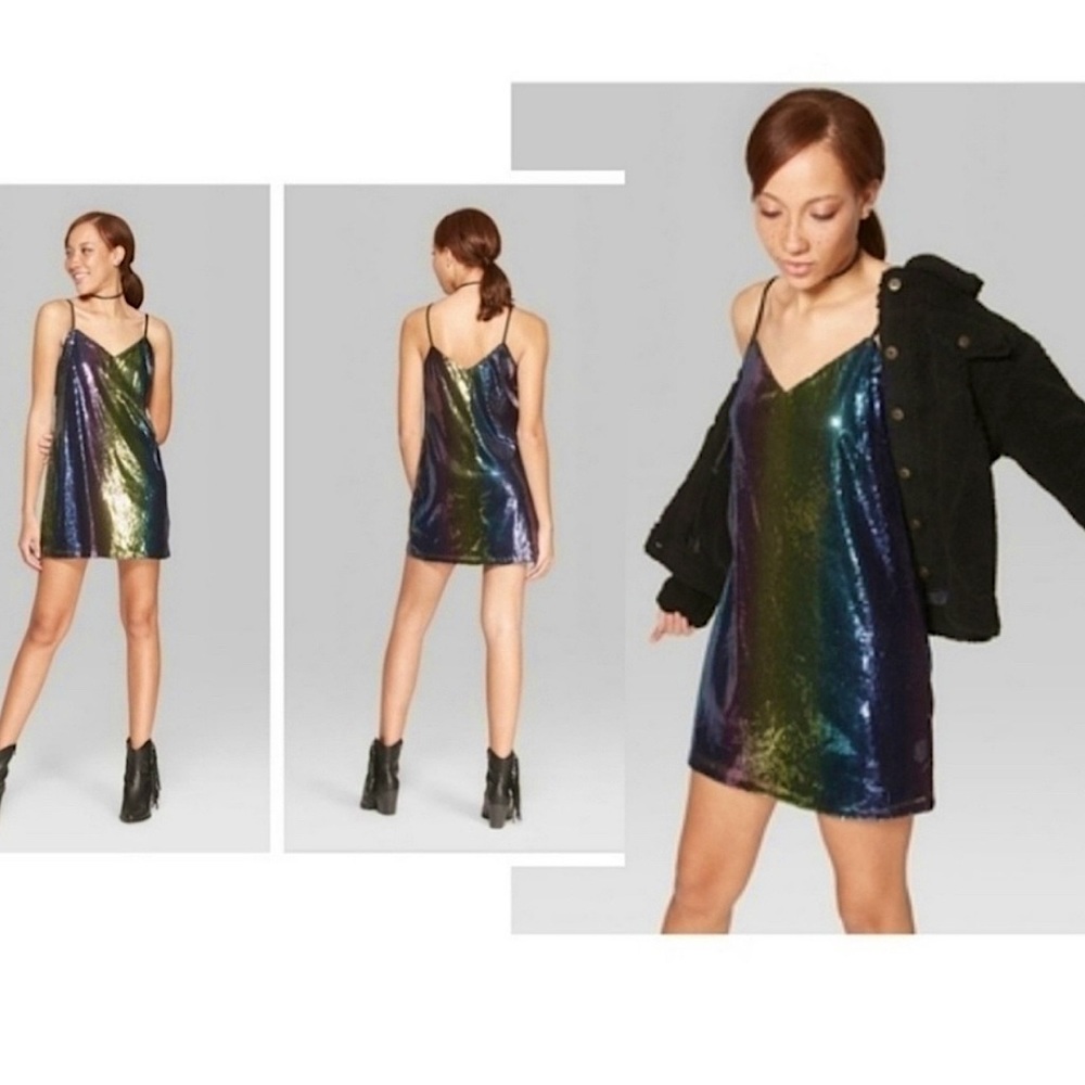 Wild Fable Rainbow Sequin Mini Slip Dress Multicolor